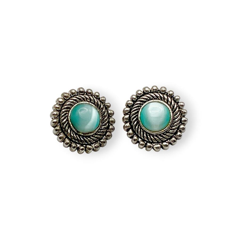 Blue Cats Eye Earrings Pierced Silver Tone Boho Southwestern Classic 1950s Studs